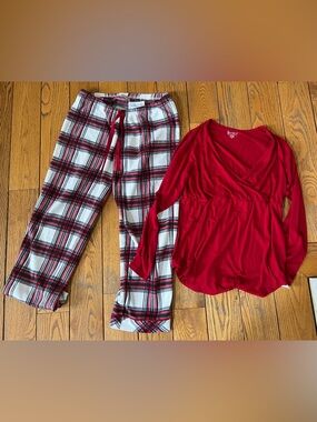 PJ’s Pajamagram maternity & pregnancy set red and plaid flannel pants, elastic